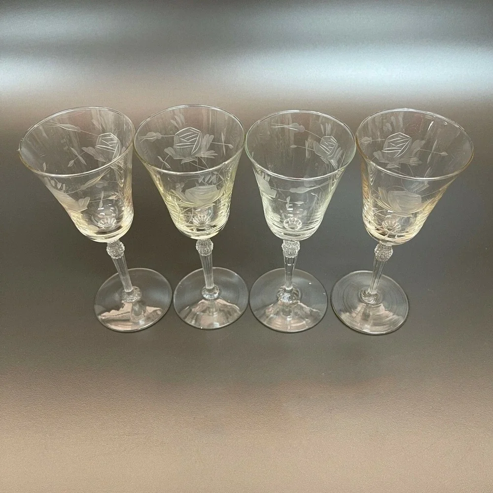 Vintage Etched Glass Glasses Floral Roses Stemmed 6 1/2